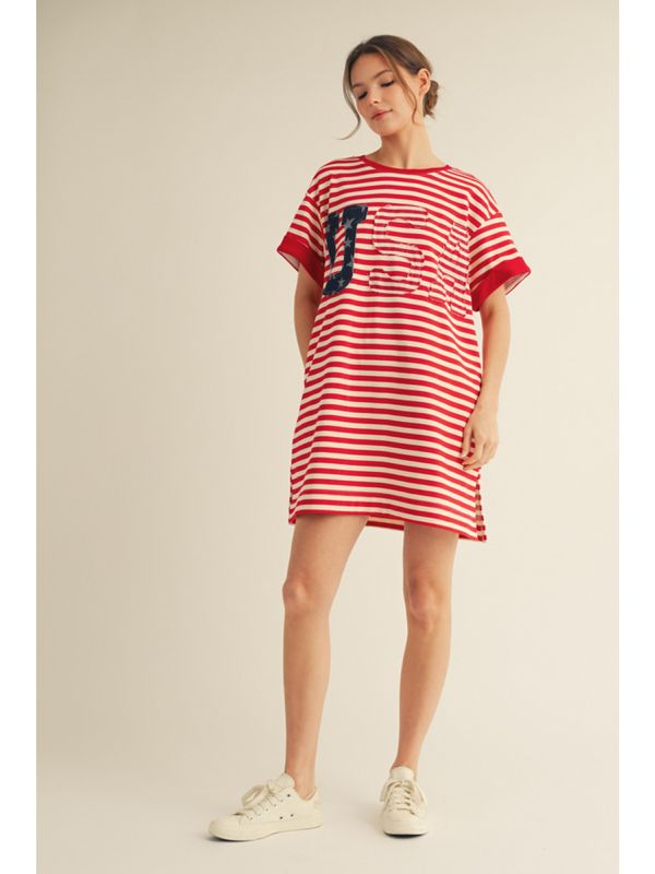 stripe casual dress with front USA patch