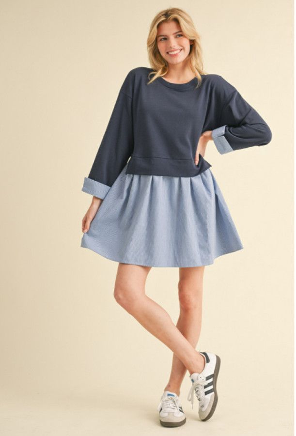 Mixed Fabric Long Sleeve Dress, Size: S, Color: Navy
