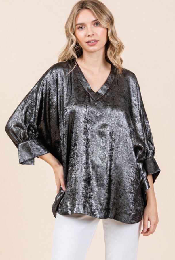 Metallic top with V-neck, Size: S, Color: black