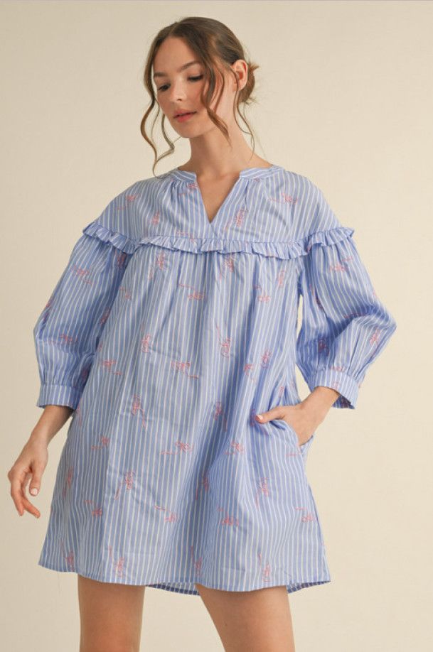 Striped ribbon embroidered dress with split neck, Color: blue/white, Size: S
