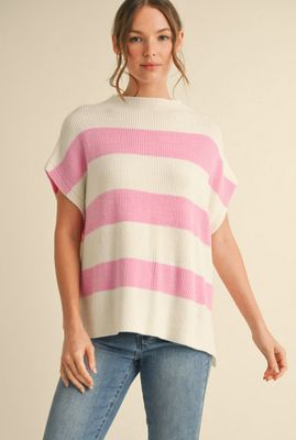 Striped print knit top with U-neck and slay sleeves