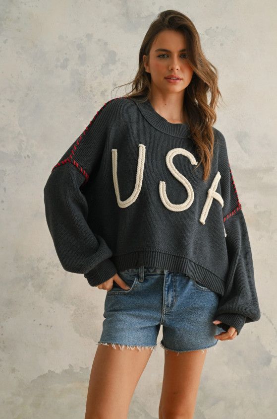 USA Rope Letter Sweater, Color: Navy, Size: S