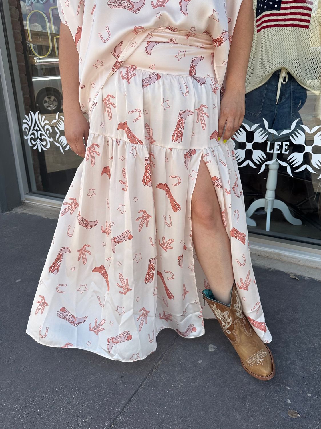 Smocked waist tiered maxi skirt w/ slit, Size: S, Color: howdy cowboy