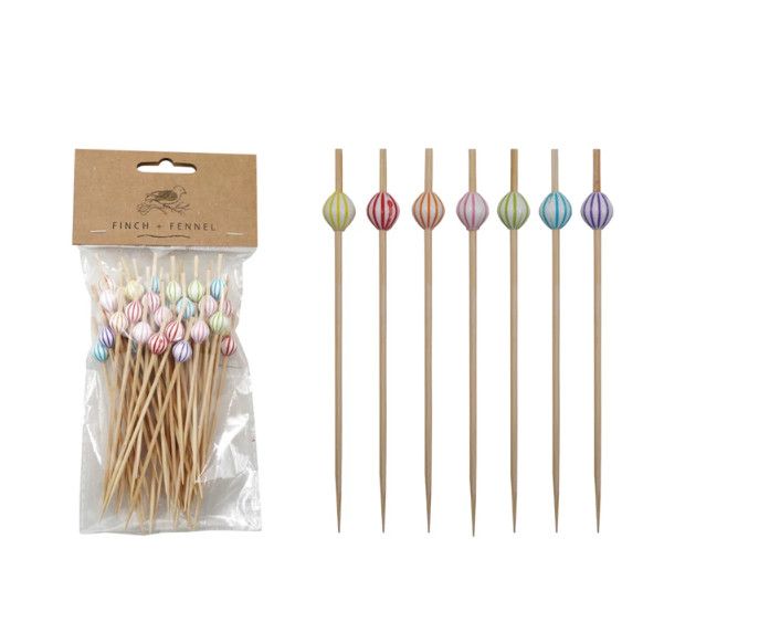 Bamboo Single Use Picks w/ Striped Ball Handles, Natural &amp; Multi Color, Set of 50