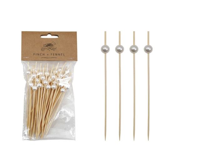 Bamboo Single Use Picks w/ Faux Pearl Handles, Natural &amp; White, Set of 50