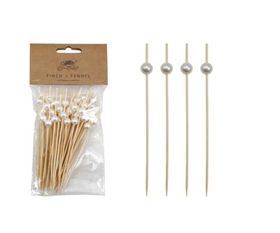 Bamboo Single Use Picks w/ Faux Pearl Handles, Natural &amp; White, Set of 50
