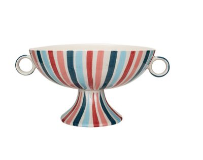 Hand-Painted Stoneware Footed Bowl w/ Handles &amp; Stripes