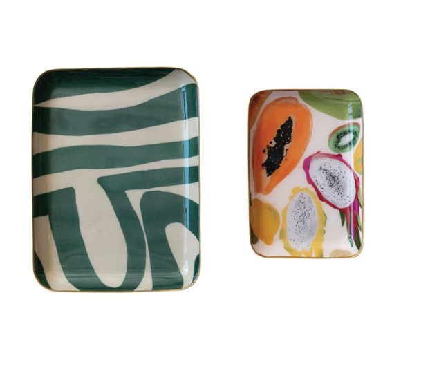 Enameled Metal Trays w/ Fruit/Abstract Image &amp; Gold Rim, Set of 2
