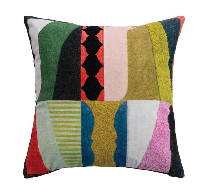 Cotton Velvet Printed Pillow w/ Abstract Design, Embroidery, Tufting &amp; Striped Back