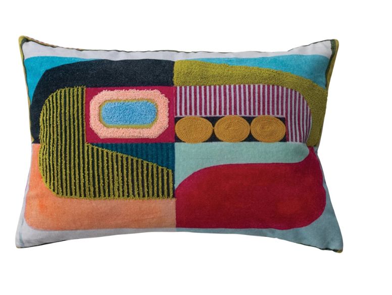 Cotton Velvet Printed Lumbar Pillow w/ Abstract Design, Embroidery, Tufting &amp; Striped Back