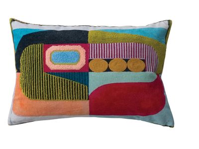 Cotton Velvet Printed Lumbar Pillow w/ Abstract Design, Embroidery, Tufting &amp; Striped Back