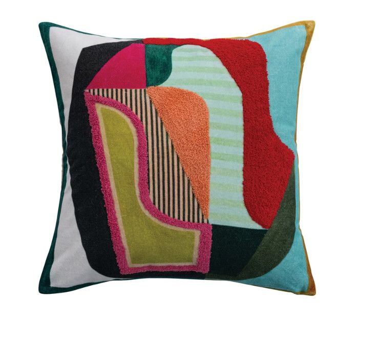 Velvet Printed Pillow w/ Abstract Design, Tufting &amp; Striped Back