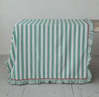 Woven Cotton Striped Tablecloth w/ Ruffle &amp; Ric Rac Trim, Green, Pink &amp; Red