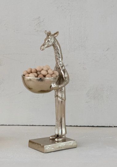 Cast Aluminum Giraffe Holding Bowl, Gold Finish