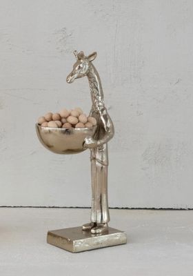 Cast Aluminum Giraffe Holding Bowl, Gold Finish