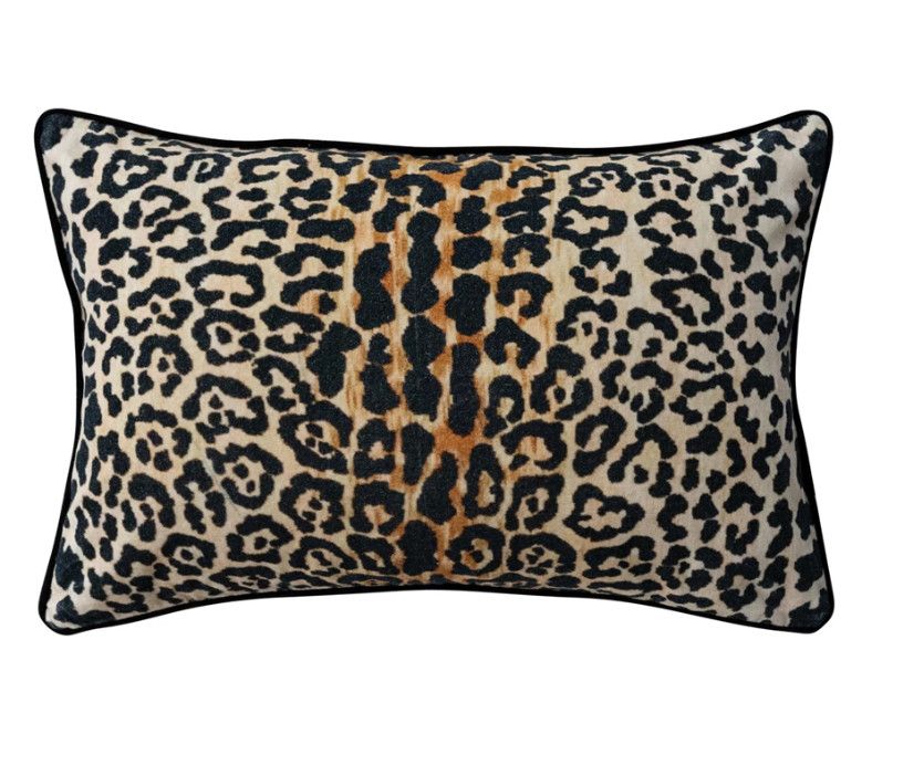Cotton Velvet Printed Lumbar Pillow w/ Leopard Print &amp; Piping