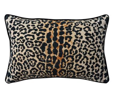 Cotton Velvet Printed Lumbar Pillow w/ Leopard Print &amp; Piping