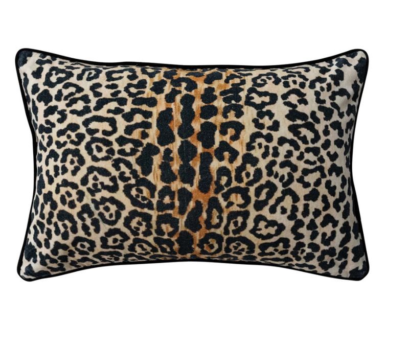 Cotton Velvet Printed Lumbar Pillow w/ Leopard Print &amp; Piping