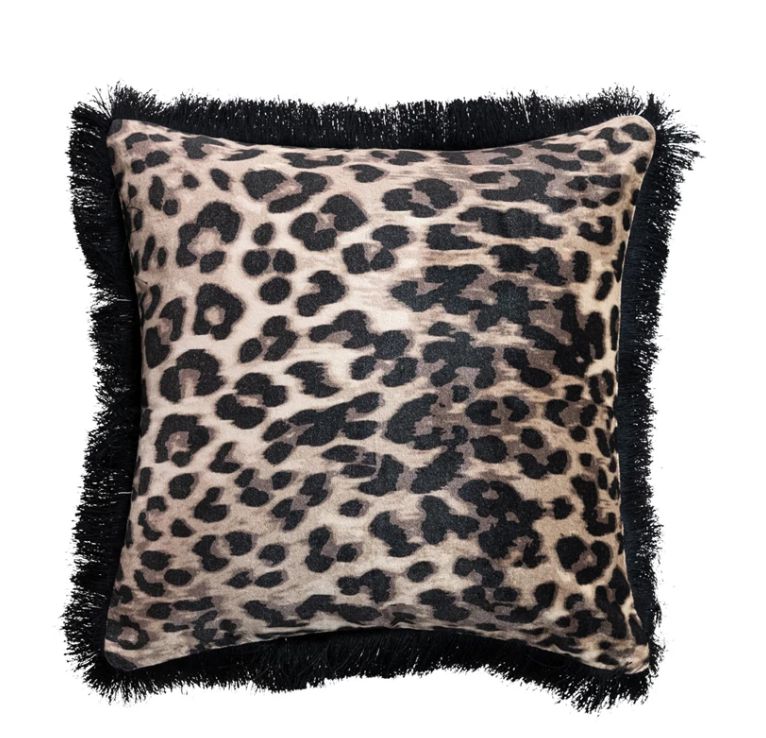 Cotton Velvet Printed Pillow w/ Leopard Print &amp; Fringe