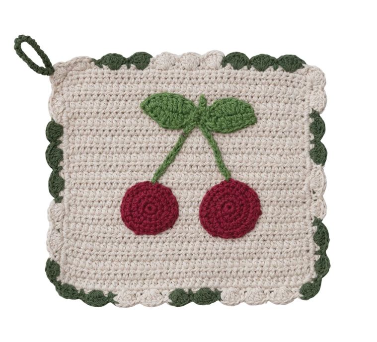 Cotton Crocheted Scalloped Pot Holder w/ Cherries