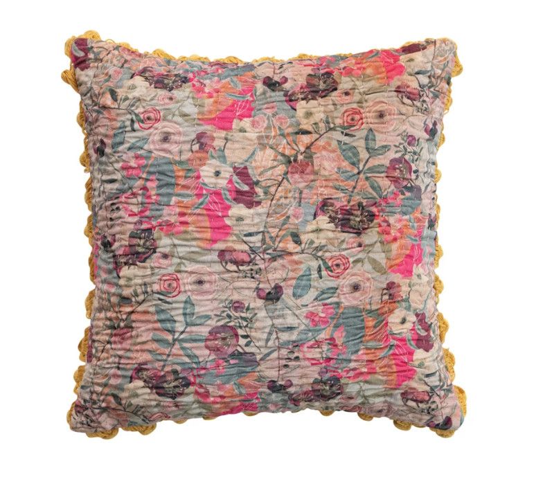 Velvet Printed Pillow w/ Hand-Embroidered Kantha Stitch, Pom Poms &amp; Chambray Back
