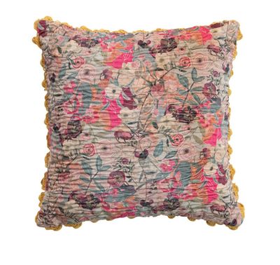 Velvet Printed Pillow w/ Hand-Embroidered Kantha Stitch, Pom Poms &amp; Chambray Back