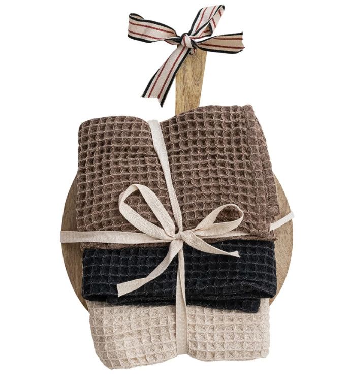 (3) Waffle Weave Tea Towels w/ Mango Wood Cheese/Serving Board, Set of 4 Tied w/ Cotton Tape