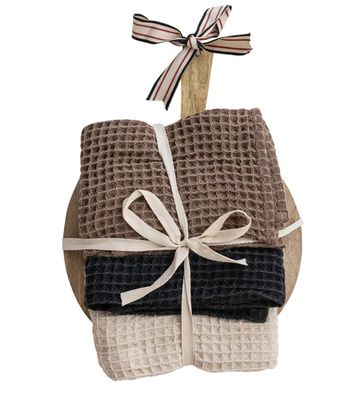 (3) Waffle Weave Tea Towels w/ Mango Wood Cheese/Serving Board, Set of 4 Tied w/ Cotton Tape