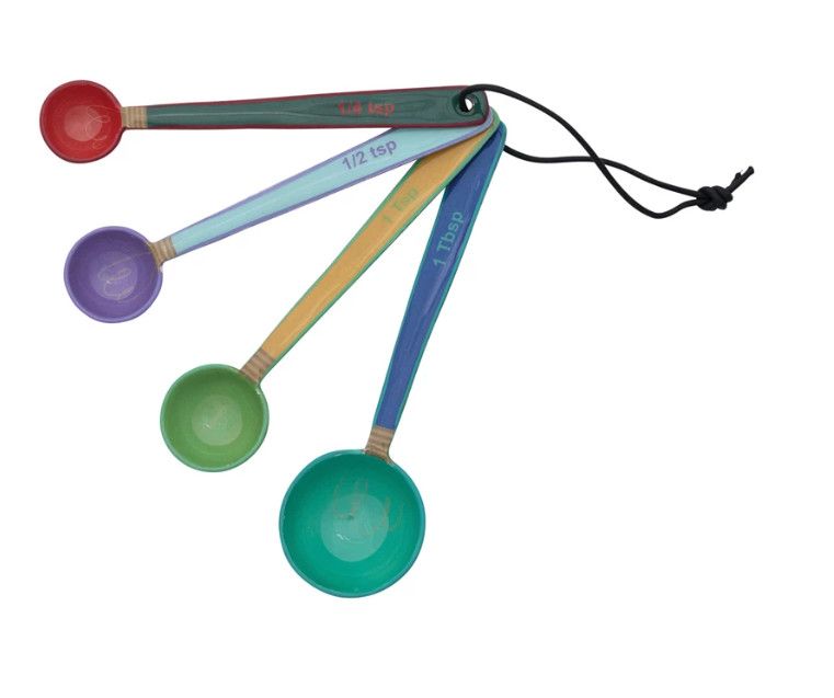 Enameled Stainless Steel Measuring Spoons w/ Colored Edge &amp; Leather Tie, Set of 4