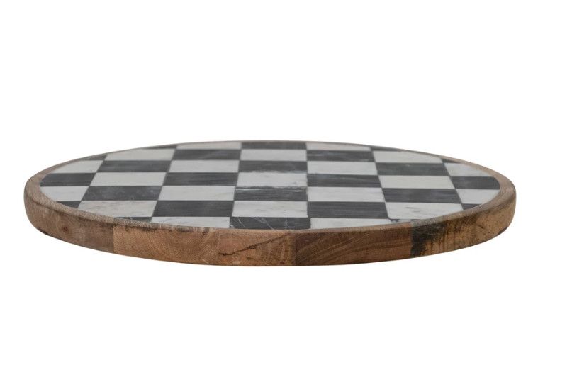 Mango Wood &amp; Marble Check Lazy Susan