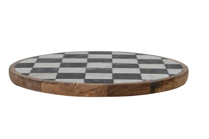 Mango Wood &amp; Marble Check Lazy Susan