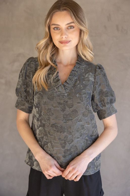 Ruffled v-neck floral burn out top, Size: S, Color: charcoal