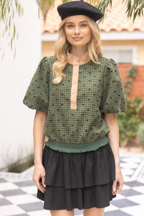 Snap buttoned contrast placket bow flannel top, Size: S, Color: hunter green