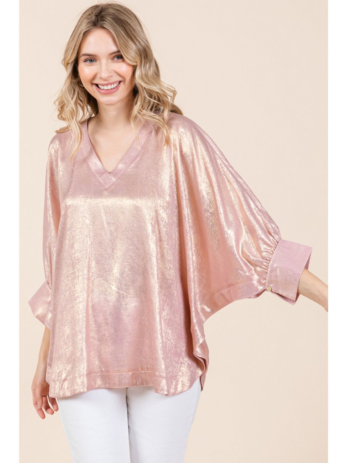 metallic top with v-neck and three quarter sleeves