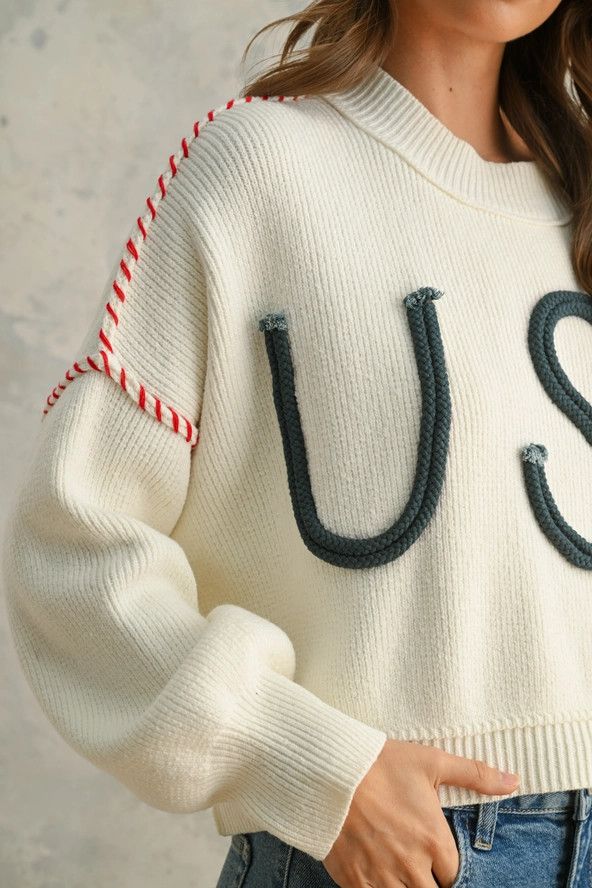 USA rope letter sweater, Size: small, Color: off white