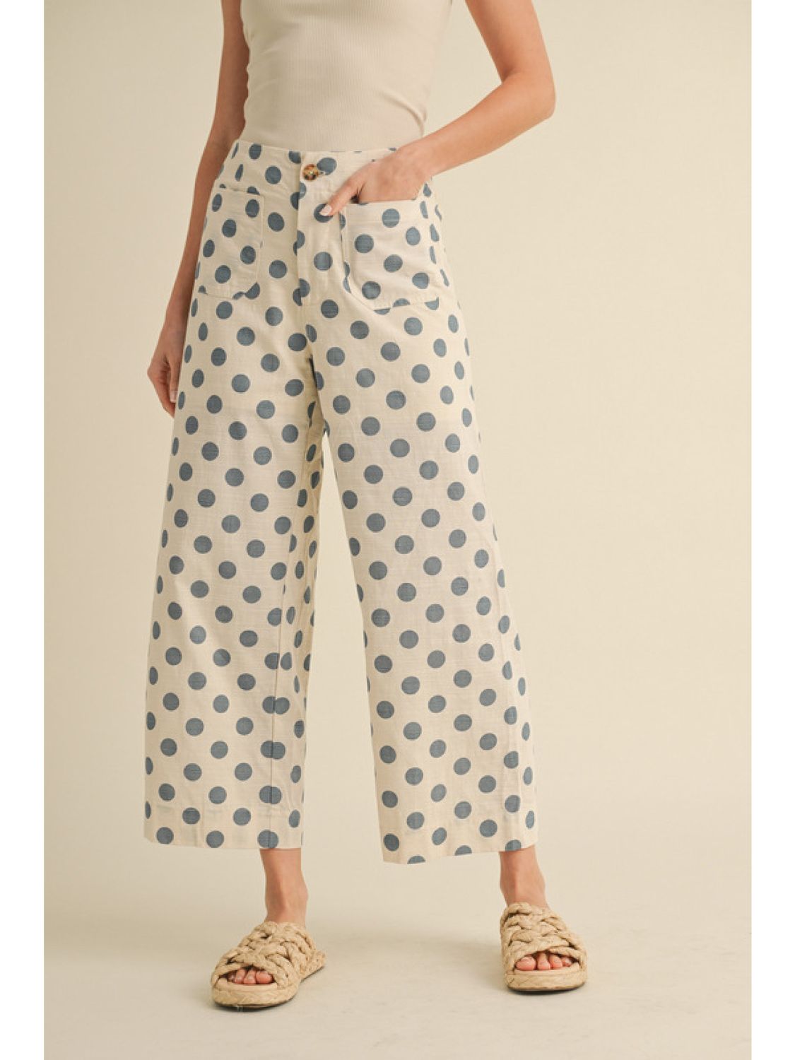 polka dot print- wide leg pants, Size: small, Color: blue