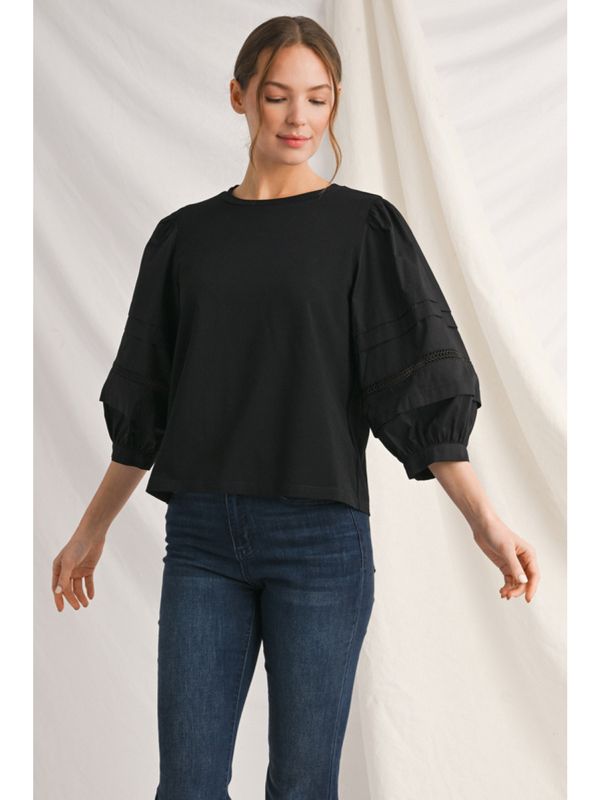 3/4 puff sleeve ladder lace trim top