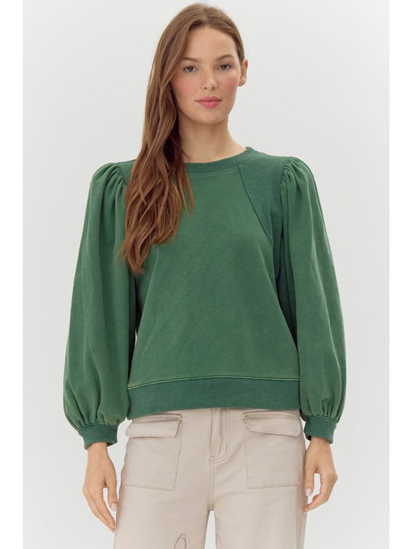Sweatshirt top with U-neck and detailed puffed long sleeves