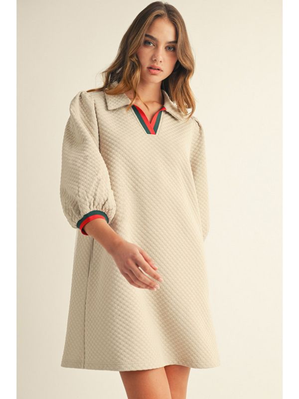 3/4 puff sleeve collared neck casual dress