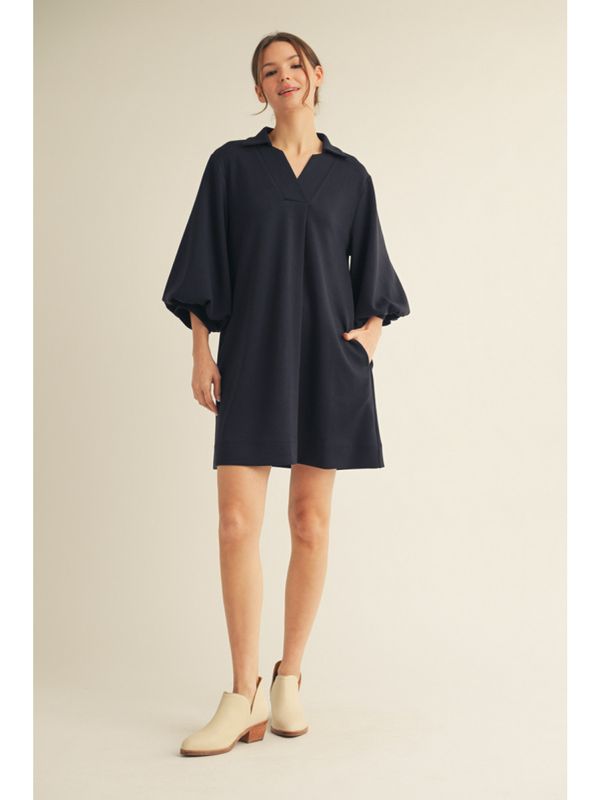 3/4 puff sleeve with side pockets and collared v-neck dress