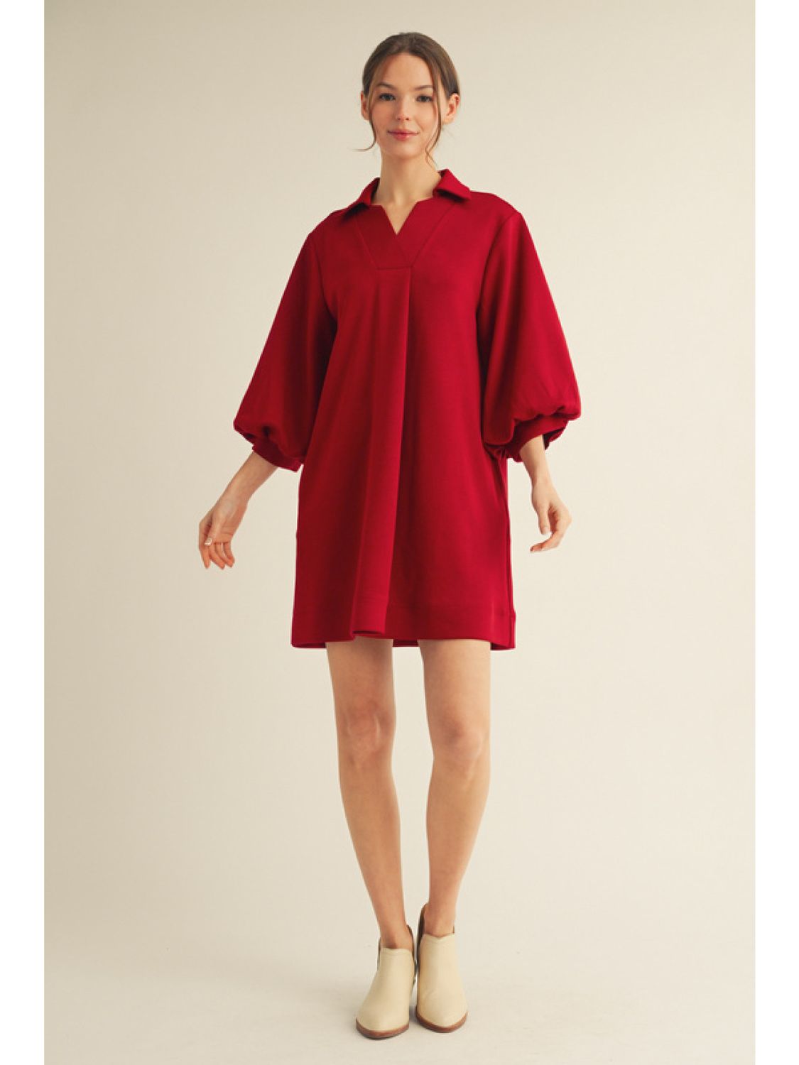 3/4 puff sleeve with side pockets and collared v-neck dress