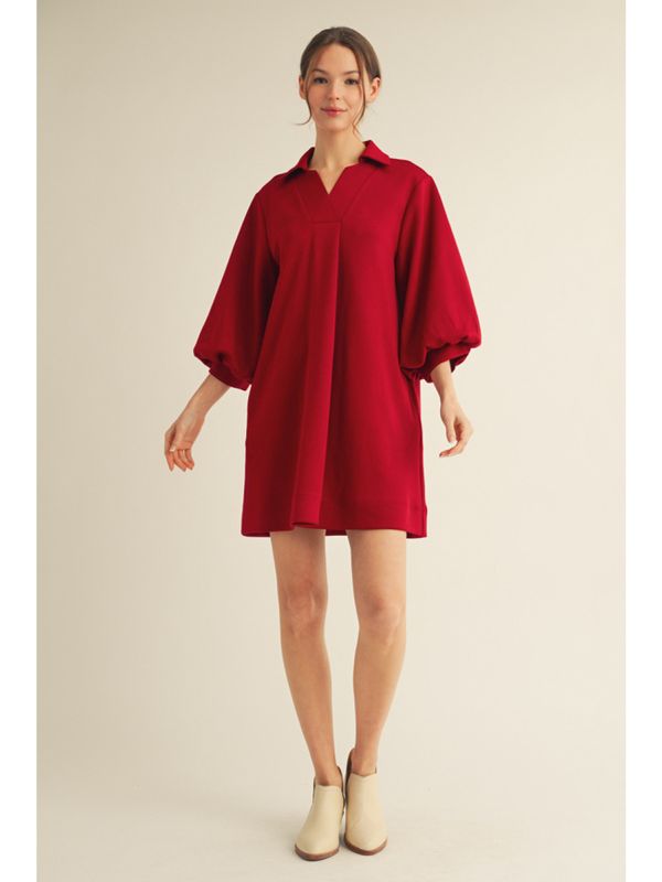 3/4 puff sleeve with side pockets and collared v-neck dress