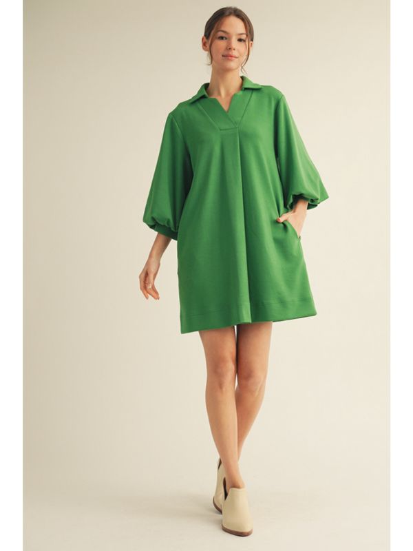 3/4 puff sleeve with side pockets and collared v-neck dress