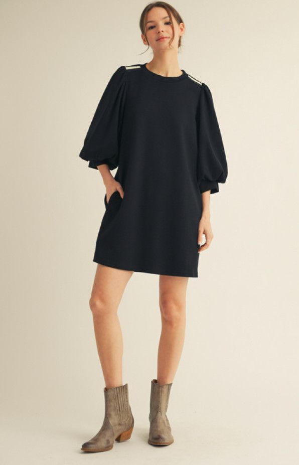 3/4 puff sleeves casual dress with side pockets, stripe trim shoulder accent