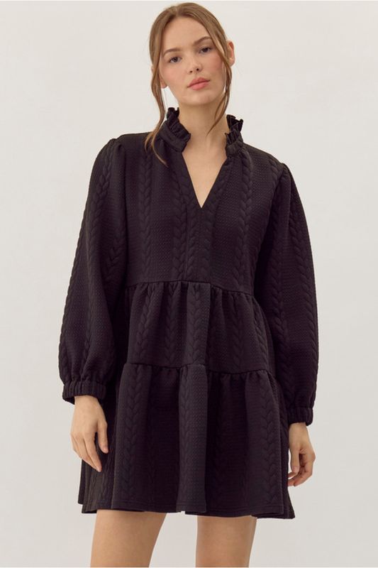 Textured dress with feminine frilled v-neck