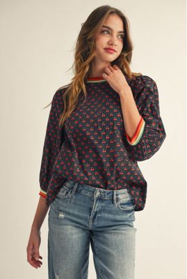 3/4 sleeves cherry print top