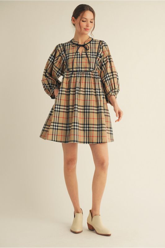 3/4 sleeve checker plaid babydoll dress with leather trim