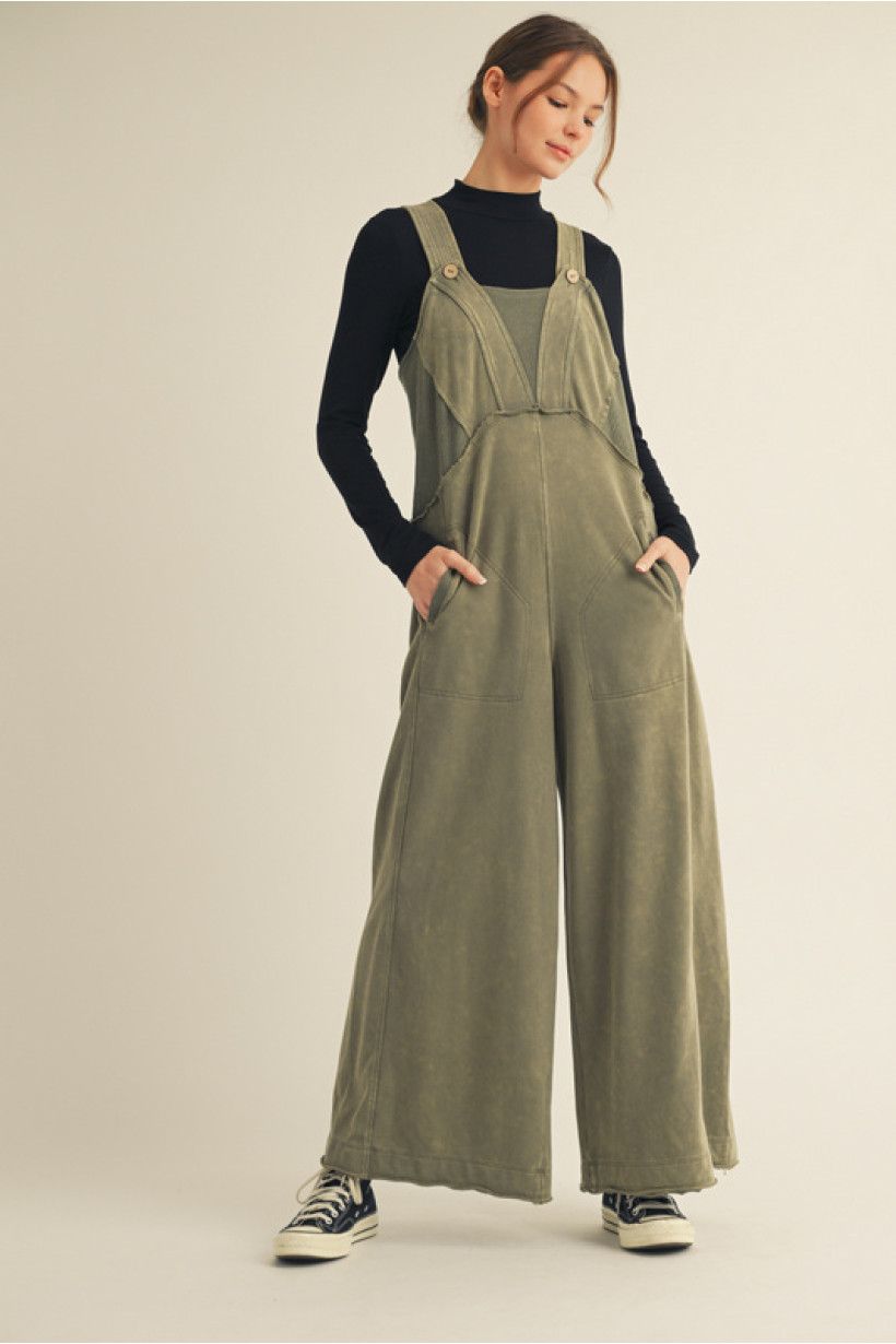 wide leg garment washed overalls