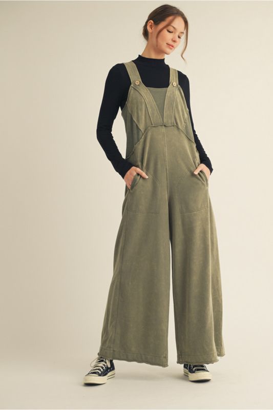 wide leg garment washed overalls