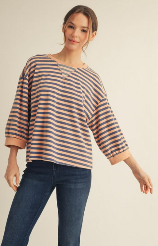 3/4 sleeves casual stripe top with v-notched detail